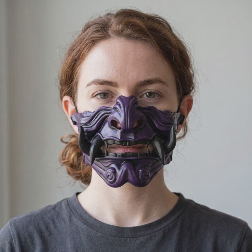 Samurai Oni Mask - Purple/Black worn on a model