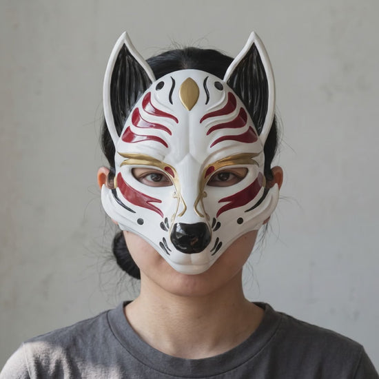 Kitsune Fox Mask - Black/Red worn on a model