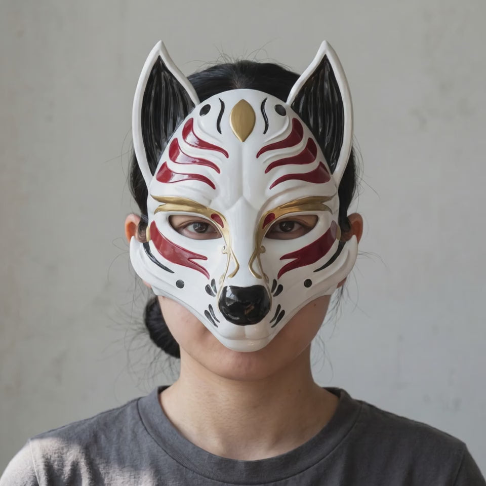 Kitsune Fox Mask - Black/Red worn on a model
