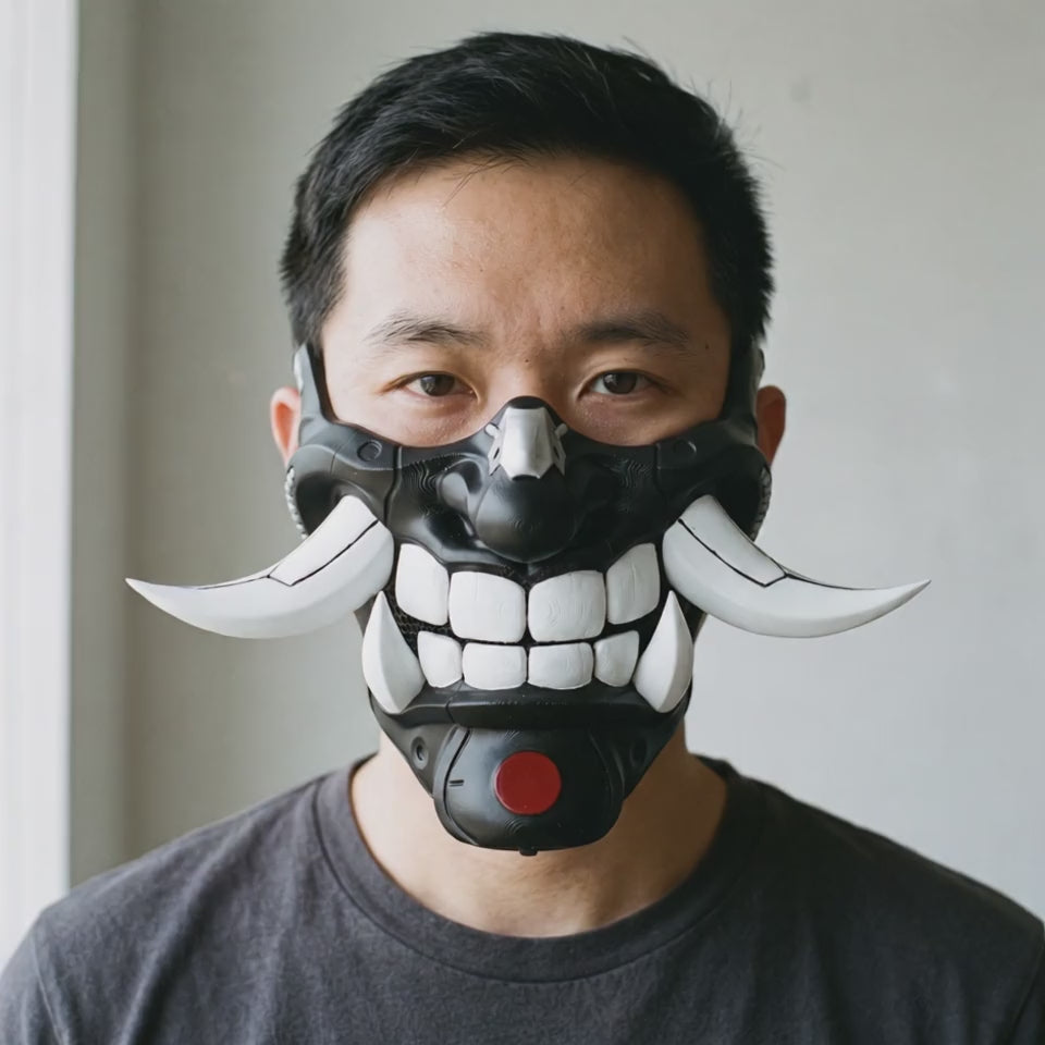 Cyber Hannya Oni Mask - Matte Black worn on a model