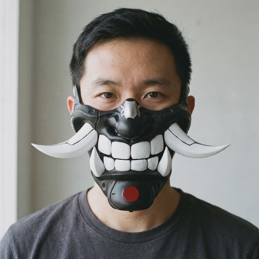 Cyber Hannya Oni Mask - Matte Black worn on a model
