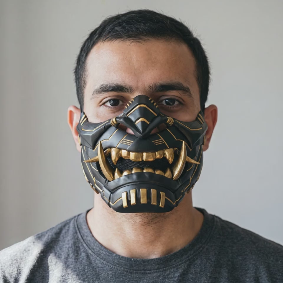 Cyber Oni Mask - Matte Black/Gold Stripes worn on a model