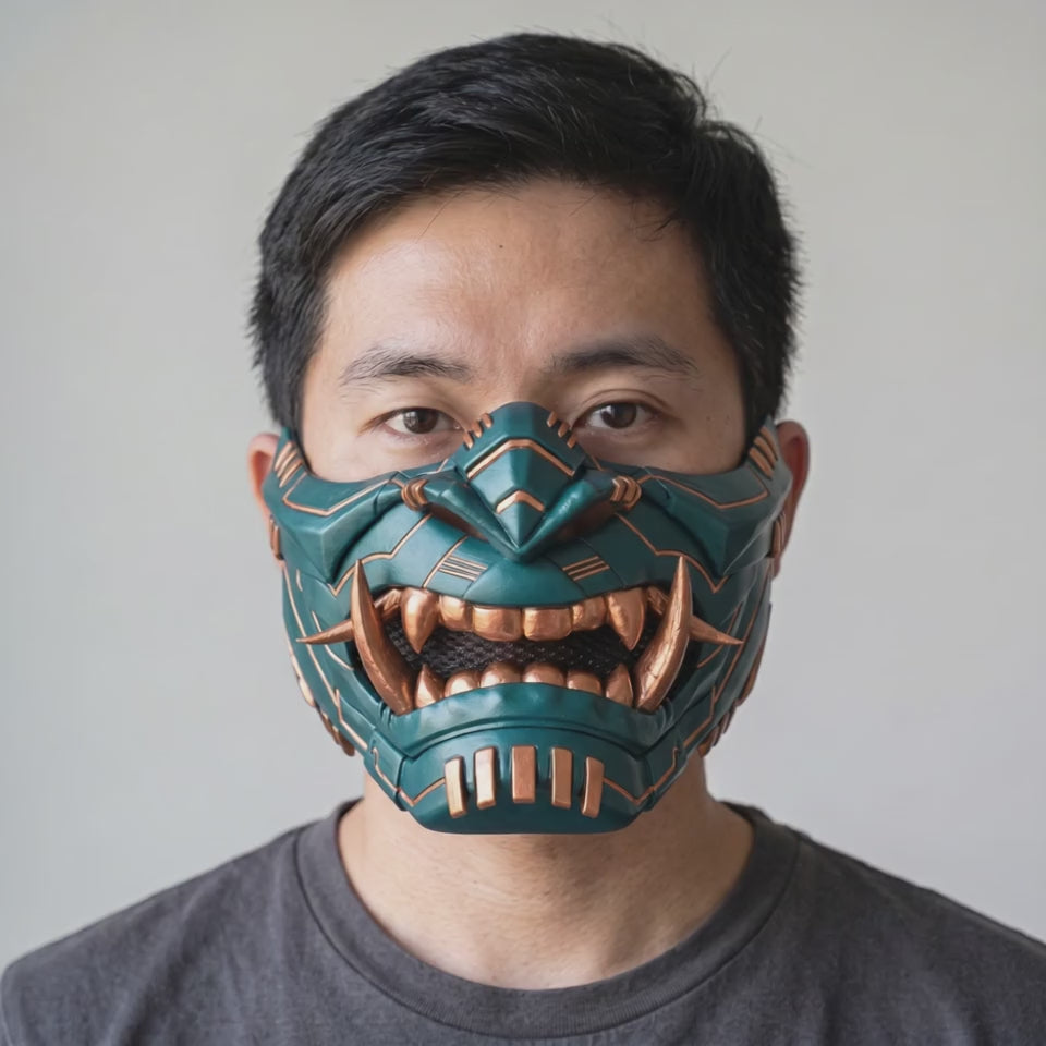 Cyber Oni Mask - Teal / Copper worn on a model