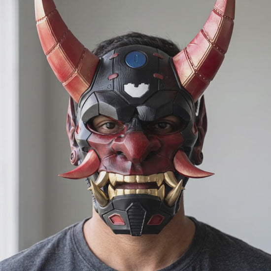 Cyborg Full Face Oni Mask - Matte Black worn on a model