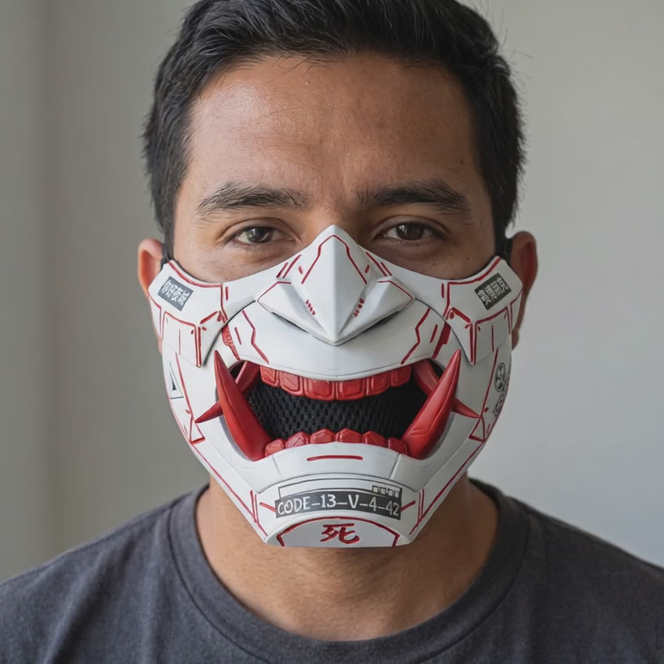Cyberpunk Oni Mask - Matte White/Red Stripes worn on a model
