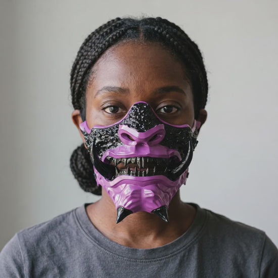 Japanese Oni Mask - Purple worn on a model