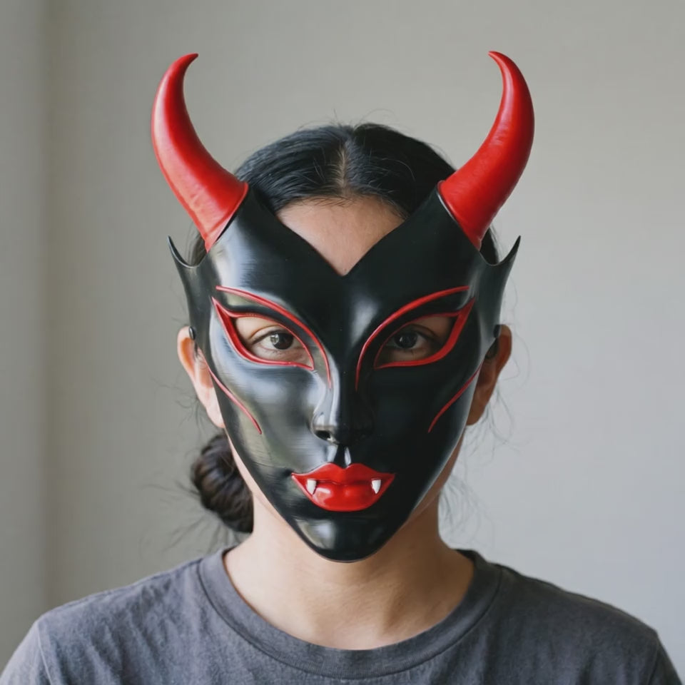 Horned Vampire Halloween Mask – Black/Red worn on a model