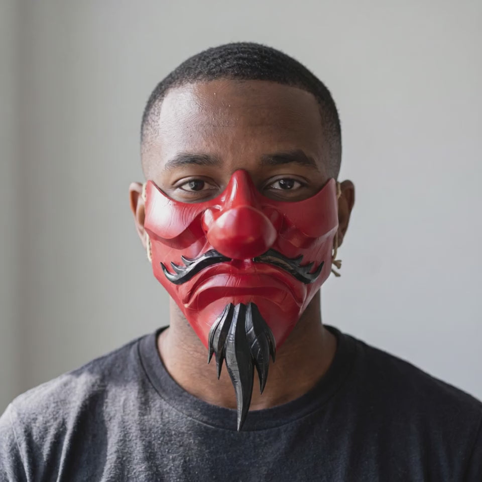 Tengu Japanese Half Face Mask - Red/Black worn on a model