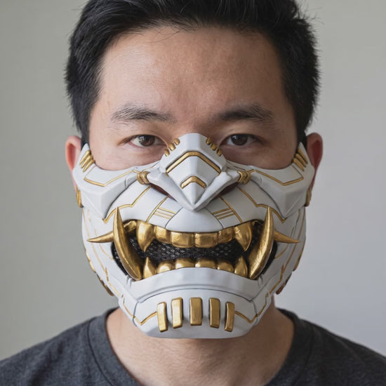 Cyber Oni Mask - Matte White/Gold Stripes worn on a model