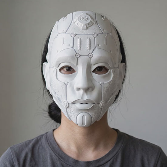 Cyborg Humanoid Robot Mask - Matte White worn on a model