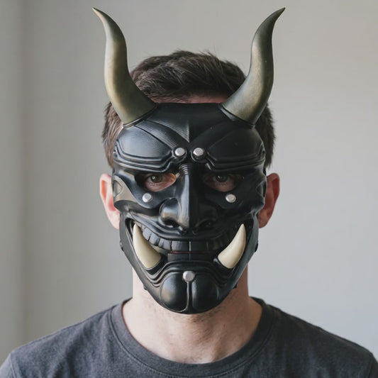 Japanese Death Oni Mask - Matte Black worn on a model