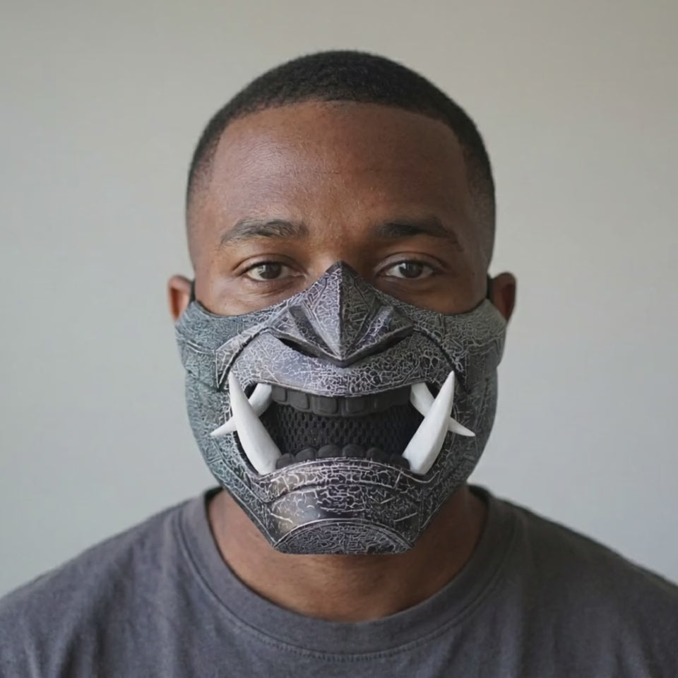 Cyberpunk Oni Mask - Cracked Effect Black/White worn on a model