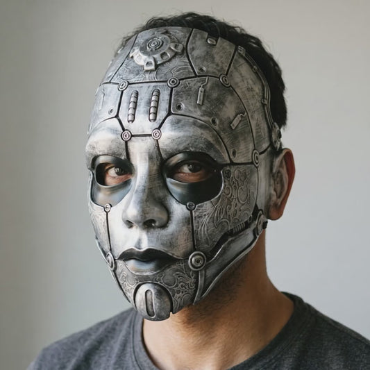 Cyborg Humanoid Robot Mask - Silver worn on a model