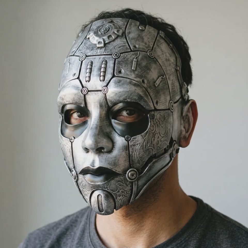 Cyborg Humanoid Robot Mask - Silver worn on a model