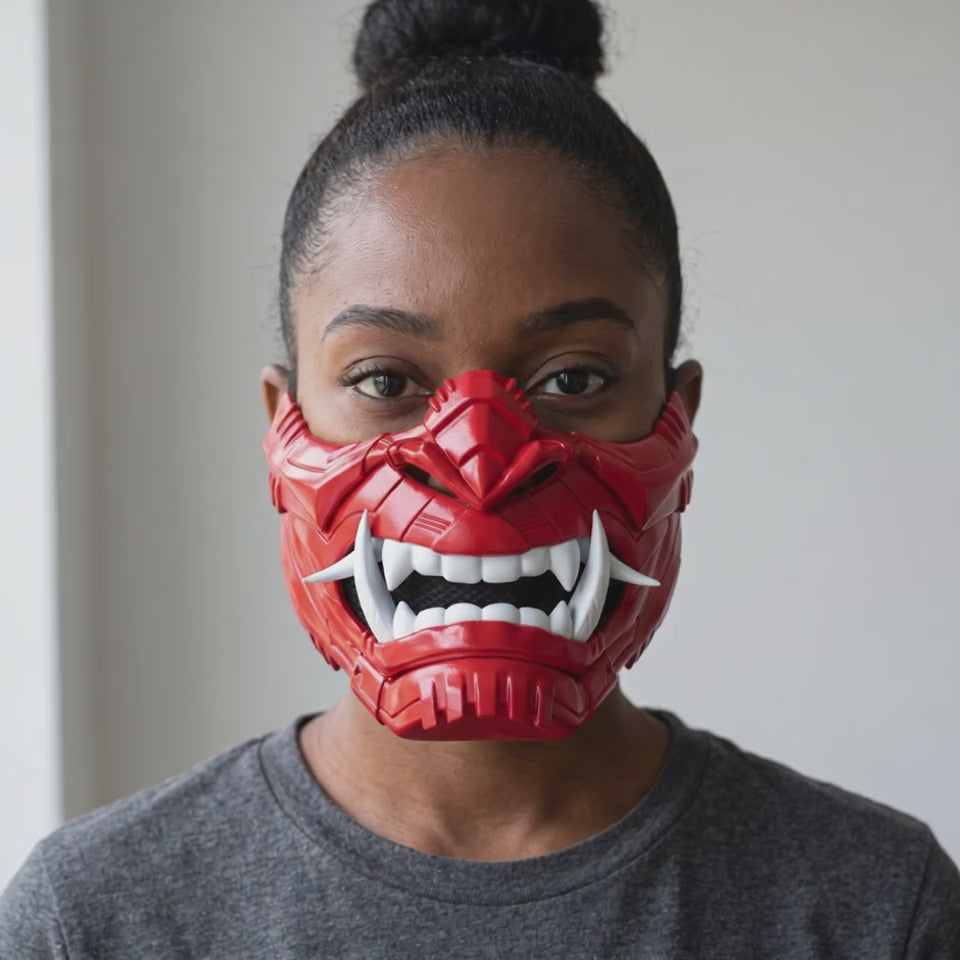Cyber Oni Mask - Fire Red worn on a model