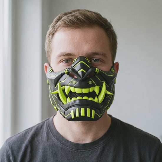 Cyber Oni Mask - Matte Black/Neon Yellow Stripes worn on a model