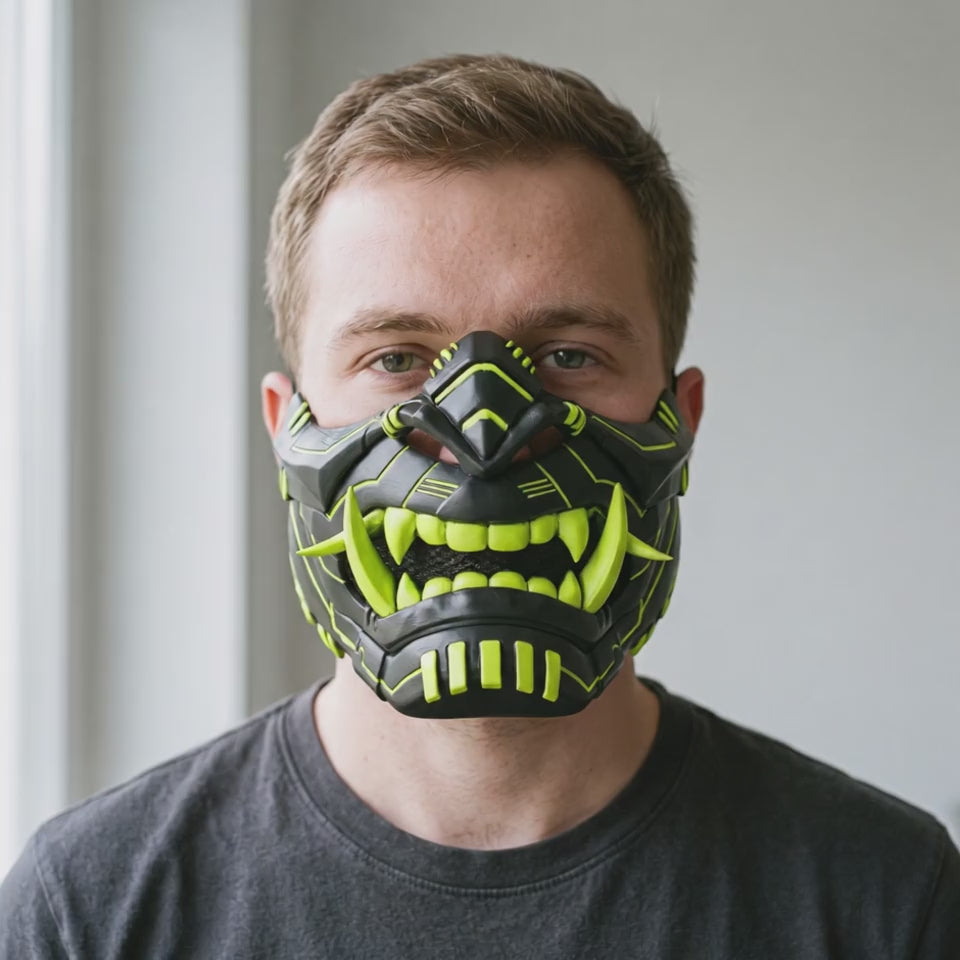 Cyber Oni Mask - Matte Black/Neon Yellow Stripes worn on a model