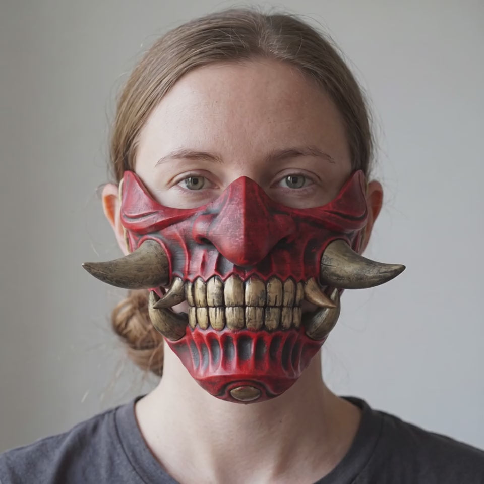 Traditional Hannya Oni Mask - Black/Red worn on a model