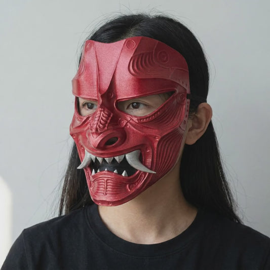 Kabuto Oni Samurai Mask Metallic Red worn on a model