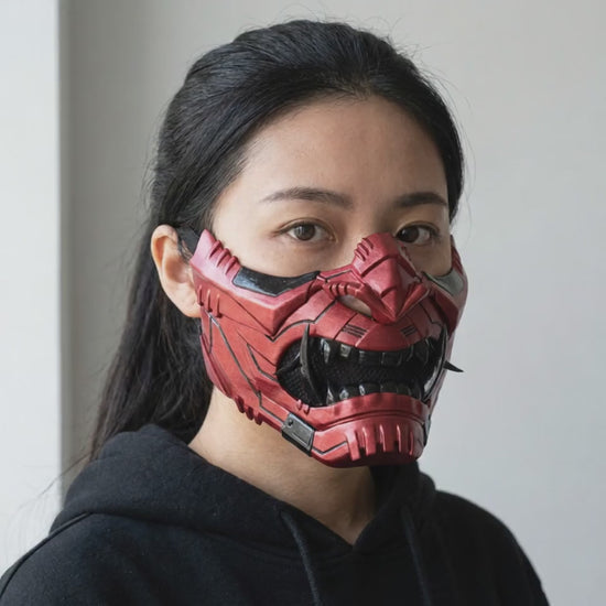 Cyber Oni Mask Metallic Red worn on a model