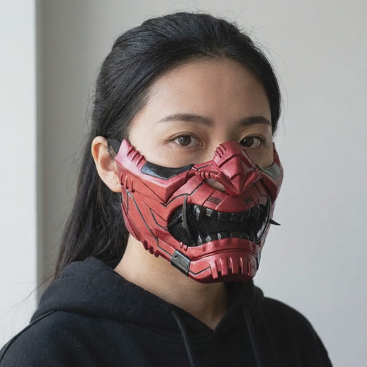 Cyber Oni Mask Metallic Red worn on a model