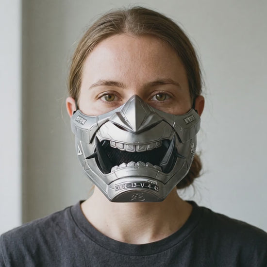 Cyberpunk Oni Mask - Grey Aluminum worn on a model
