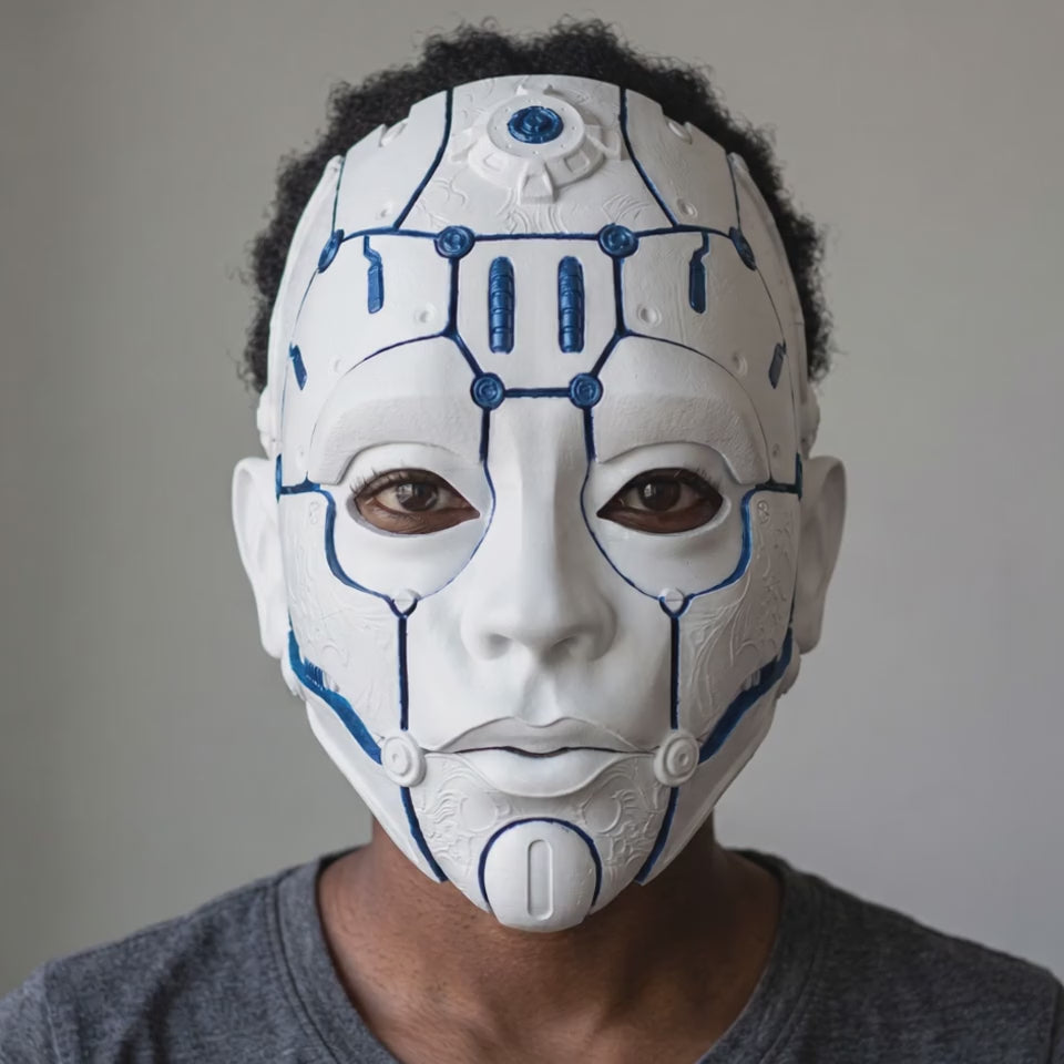 Cyborg Humanoid Robot Mask - Matte White/Blue Stripes worn on a model
