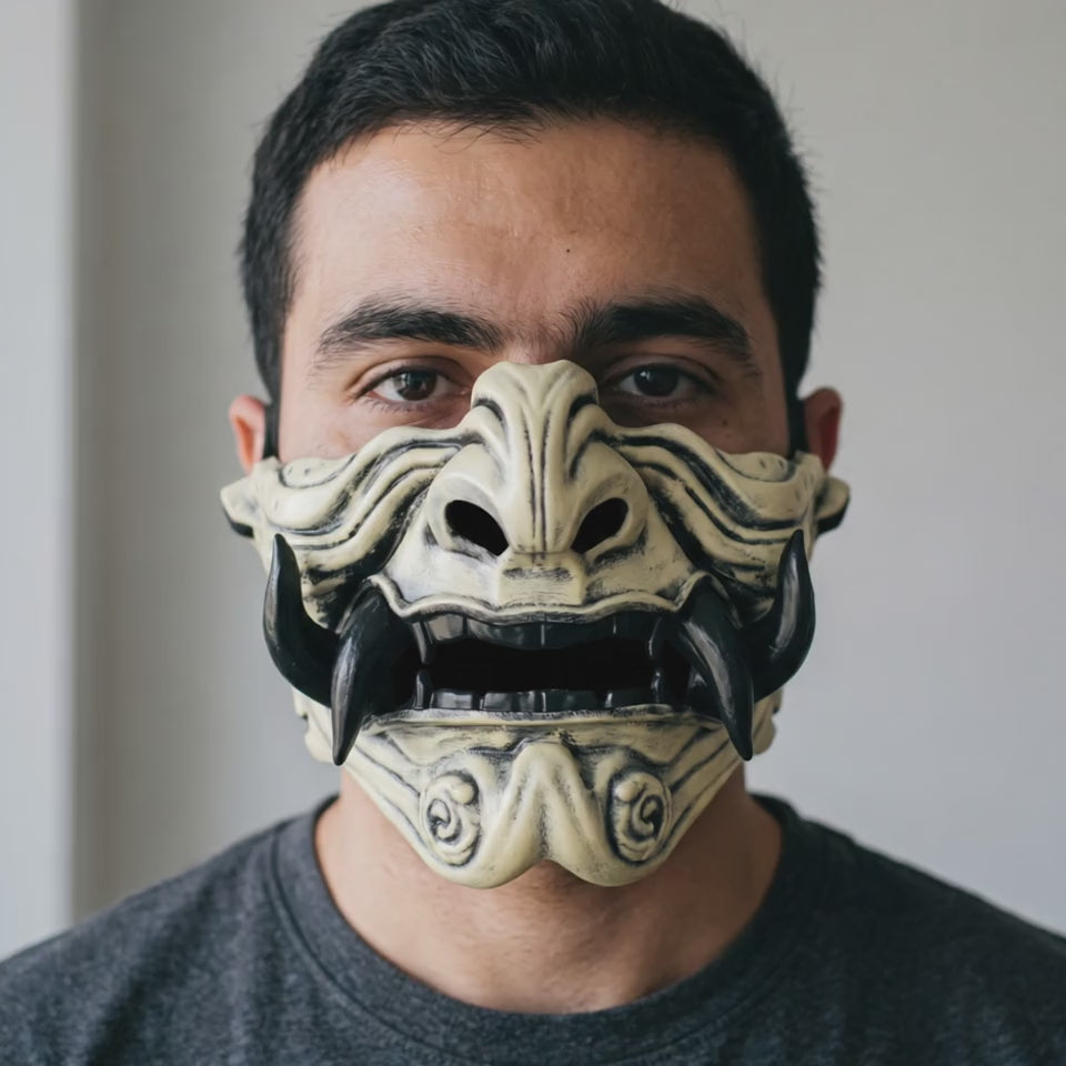 Samurai Oni Mask - Bone/Black worn on a model