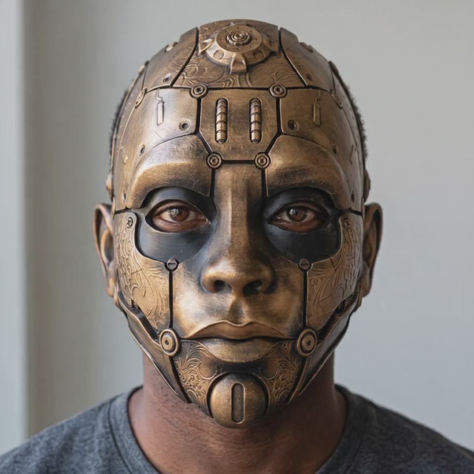 Cyborg Humanoid Robot Mask - Bronze worn on a model