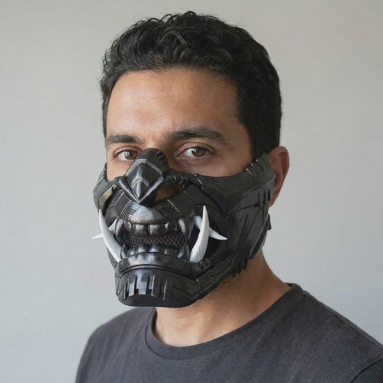 Cyber Oni Mask Metallic Black worn on a model