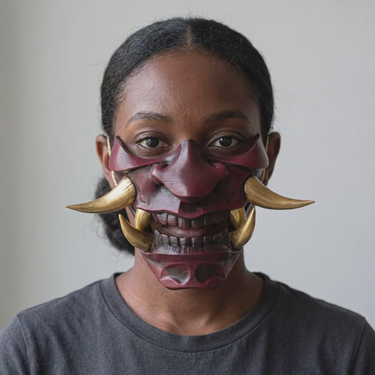 Hannya Oni Mask - Red worn on a model