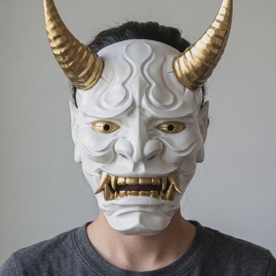 Japanese Full Face Oni Mask - Shiny White worn on a model