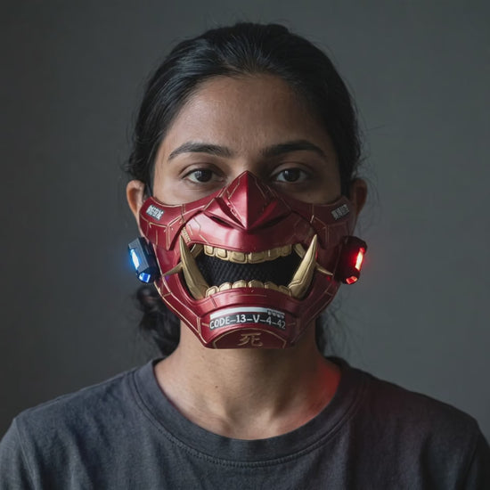 Cyberpunk LED Oni Mask - Metallic Red worn on a model
