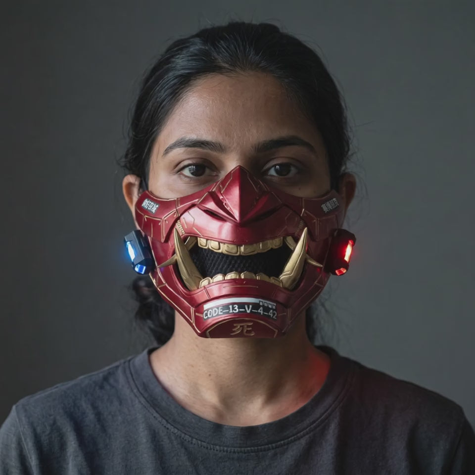 Cyberpunk LED Oni Mask - Metallic Red worn on a model