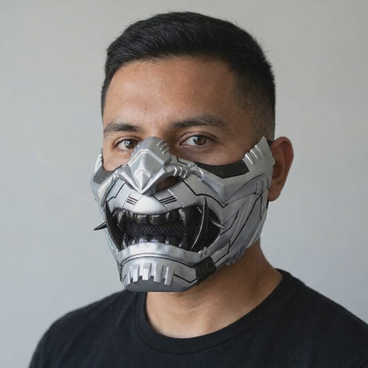 Cyber Oni Mask Metallic Gray worn on a model
