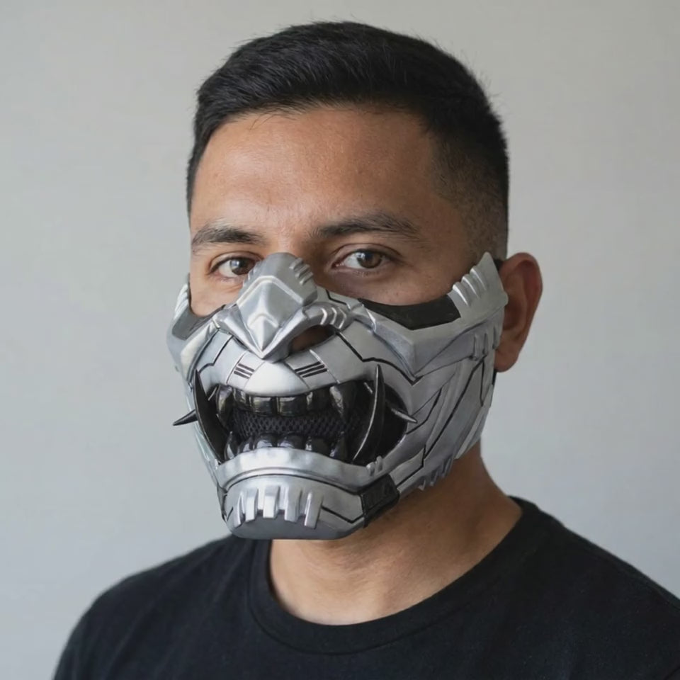 Cyber Oni Mask Metallic Gray worn on a model