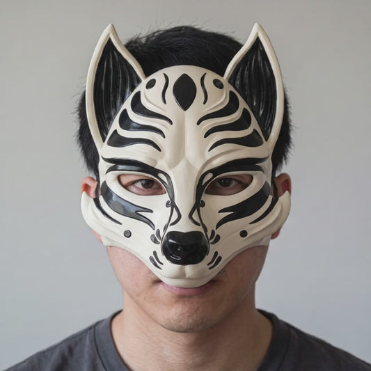 Kitsune Fox Mask - Cream / Black worn on a model