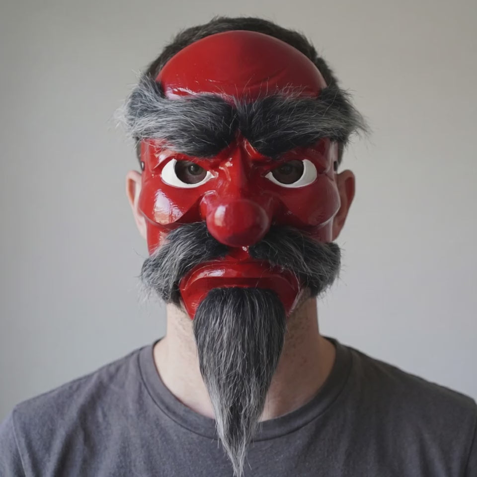 Tengu Japanese Mask With Hair - Red / Black Hair worn on a model