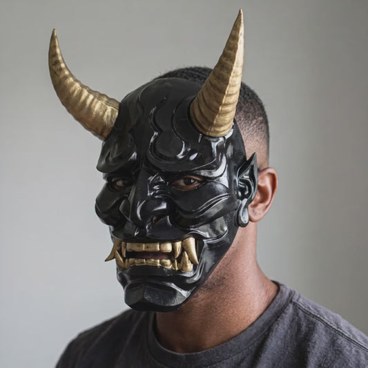 Japanese Full Face Oni Mask - Glossy Black worn on a model