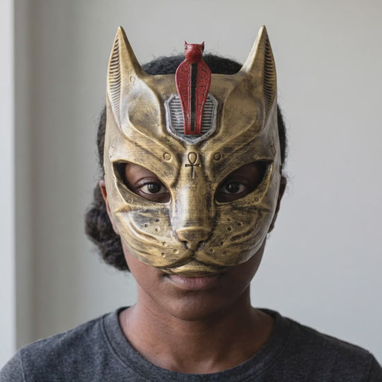 Egyptian Cat Mask With Uraeus - Gold worn on a model