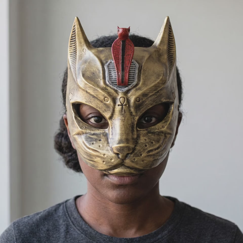 Egyptian Cat Mask With Uraeus - Gold worn on a model