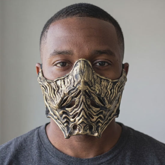 Ninja Samurai Warrior Mask - Black/Gold worn on a model