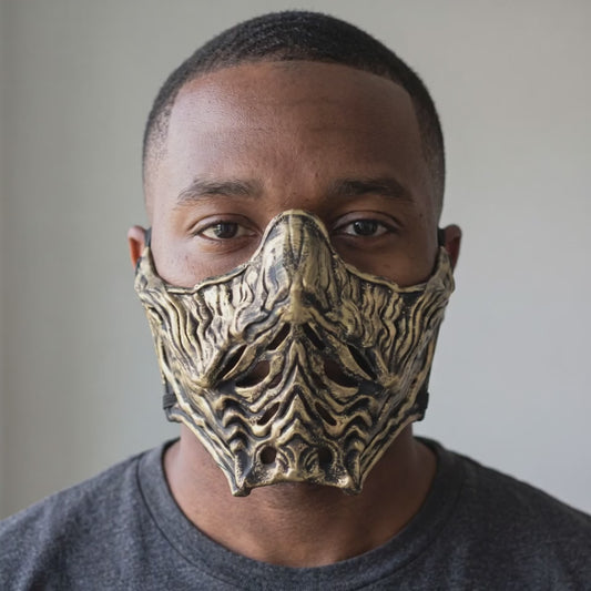 Ninja Samurai Warrior Mask - Black/Gold worn on a model