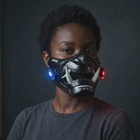 Cyberpunk LED Oni Mask - Metallic Black worn on a model