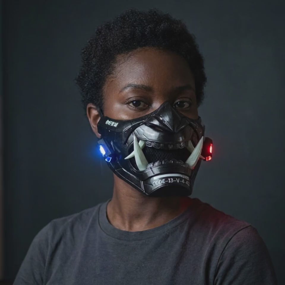 Cyberpunk LED Oni Mask - Metallic Black worn on a model