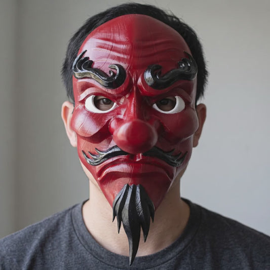 Tengu Japanese Full Face Mask - Red worn on a model