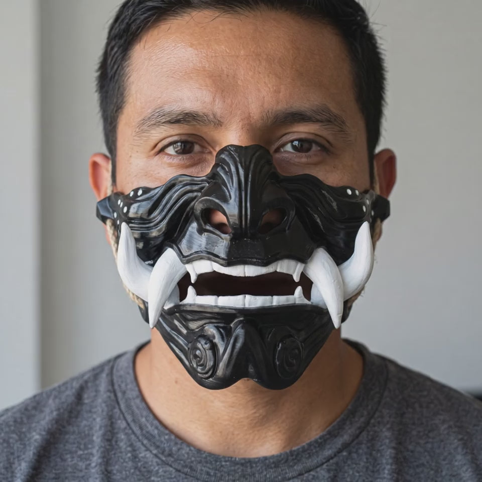 Samurai Oni Mask - Black worn on a model