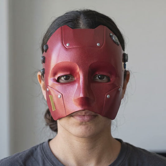Cyborg Android Robot Mask Metallic Red worn on a model