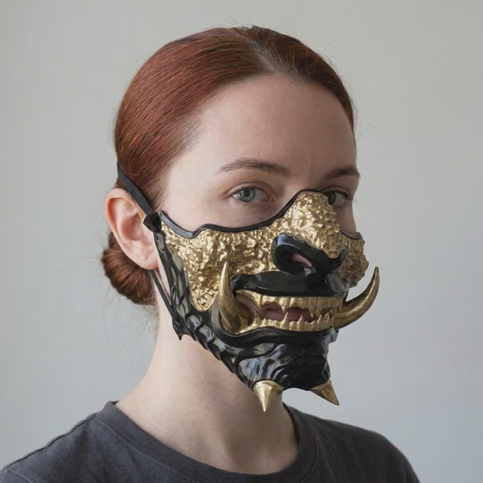 Japanese Oni Mask - Glossy Black worn on a model