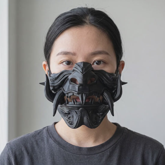 Samurai Oni Demon Mask - Full Matte Black worn on a model